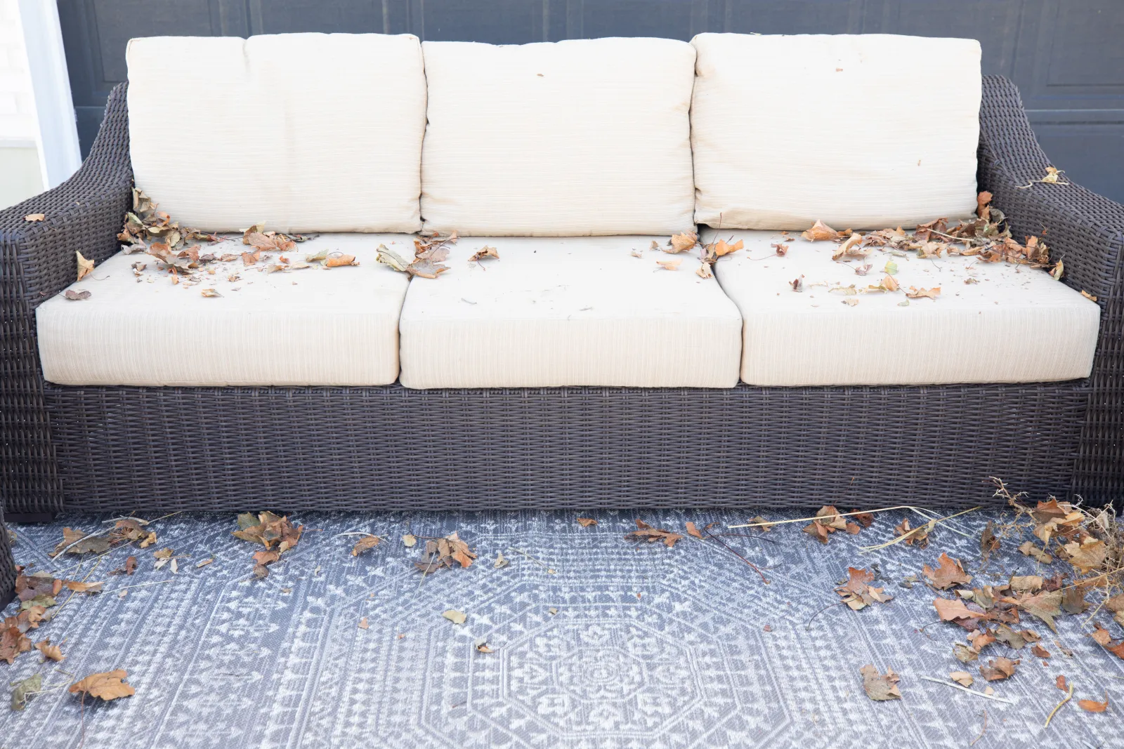 patio furniture outside with leaves