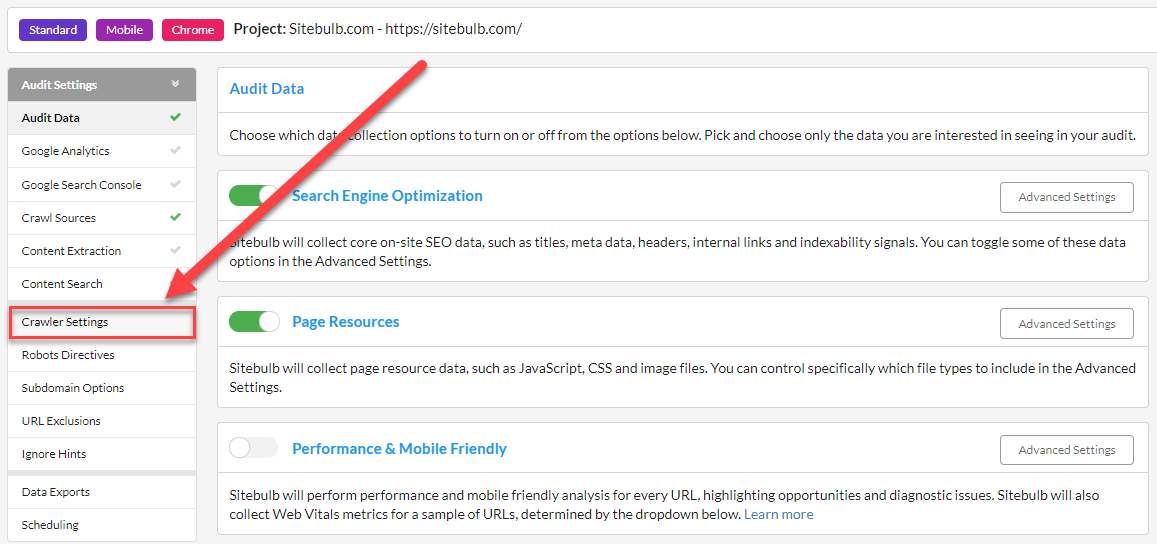 Crawl settings tab