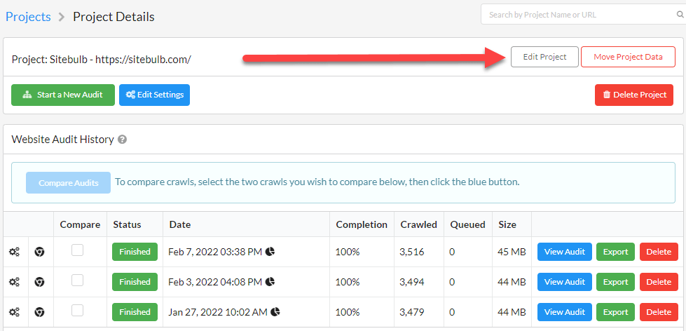 edit a project in Sitebulb