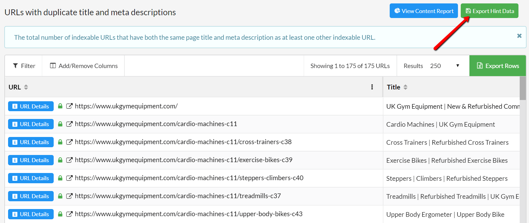 Export URLs with duplicate titles and descriptions