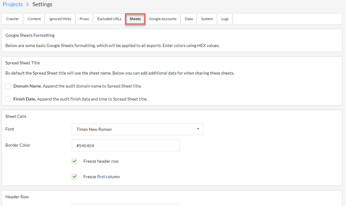 global settings for Google Sheets