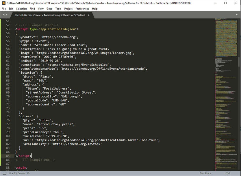 Sublime Editor structured data example