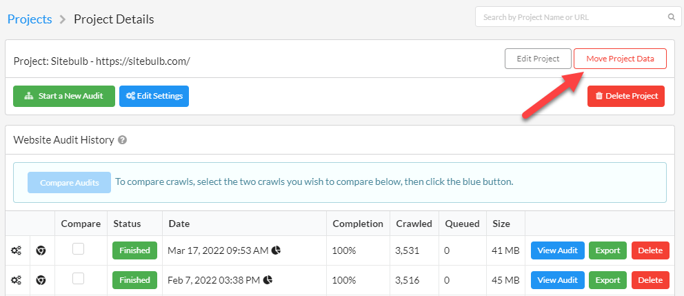 moving project data sitebulb