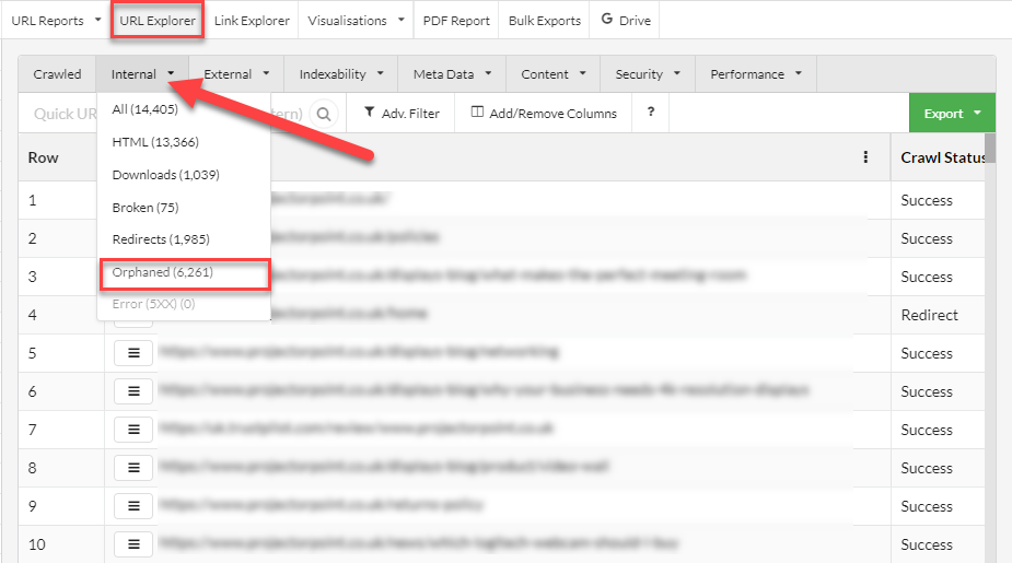 URL explorer orphaned pages