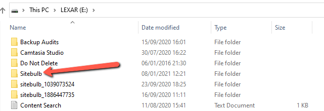 Sitebulb folder on external drive