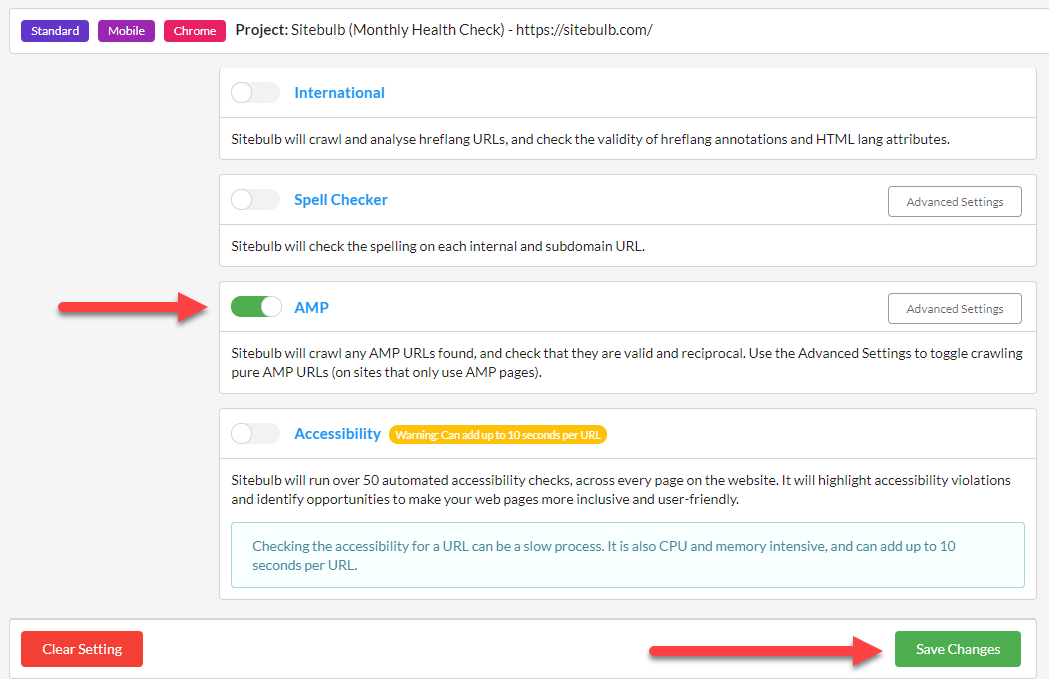 switching on AMP in audit settings