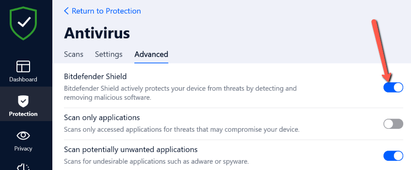 Turn off Bitdefender Shield
