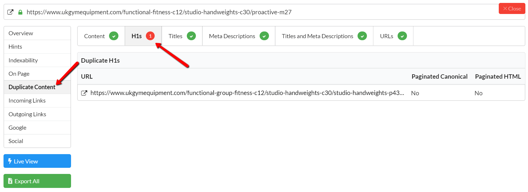 URL Details duplicate h1s