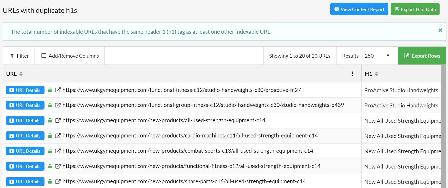 URL List Duplicate H1s