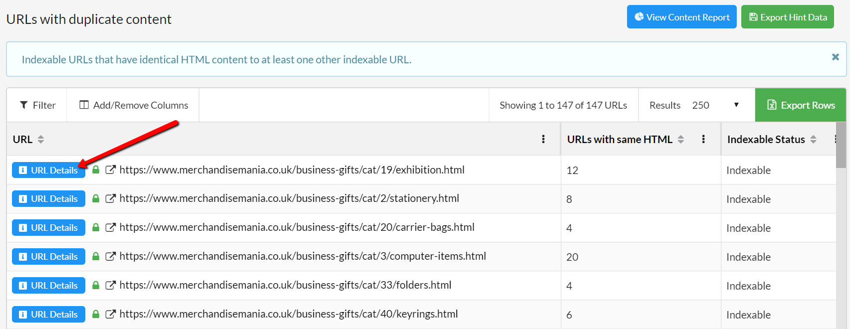 URL List - URLs with duplicate content