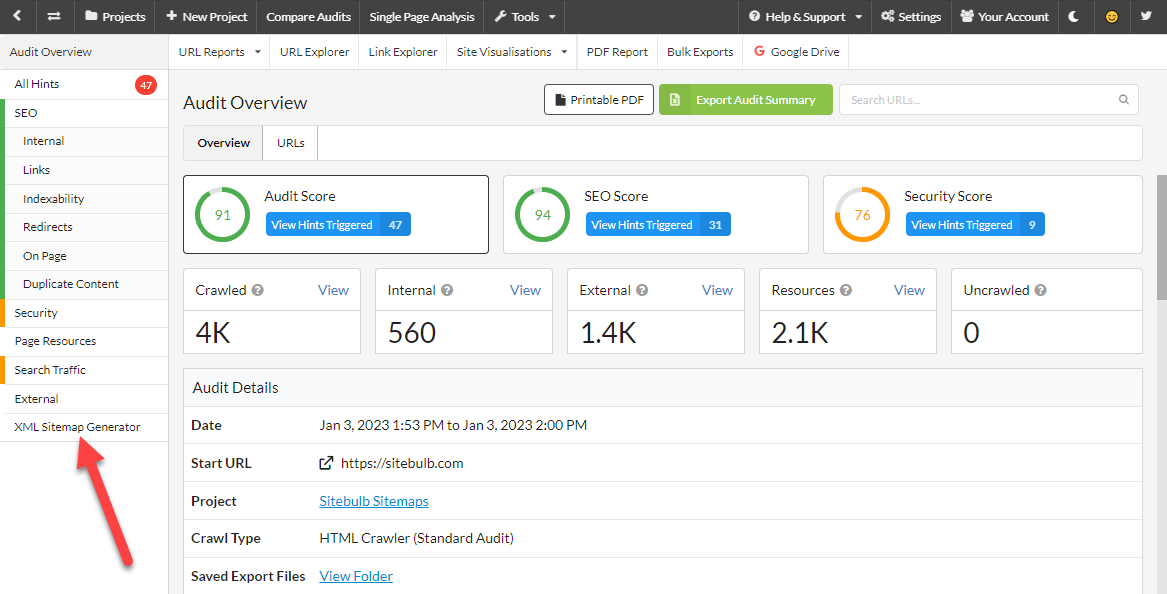 The audit overview page in Sitebulb