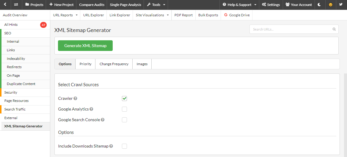 XML Sitemap generator crawl sources settings